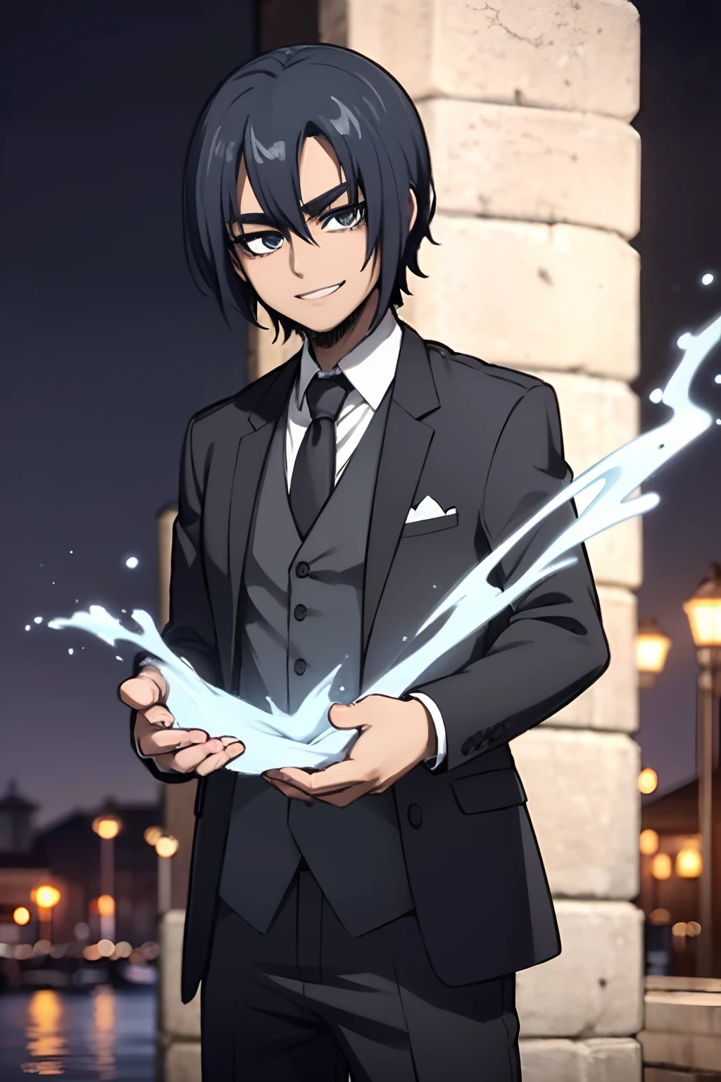 (best quality,4k,highres,masterpiece:1.2),blue hair,short  haircut,fancy black suit with a tie,standing on a pier at night,smiling face,eyebags, rain in the background (4k)