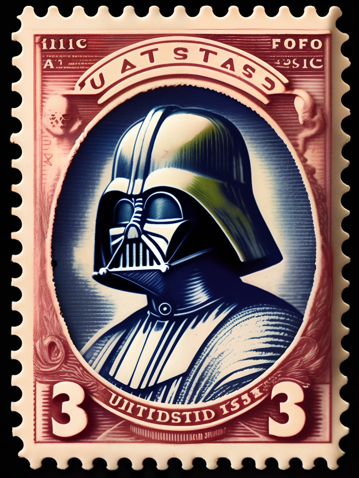 vintage United States Postage Stamp, 3 cent stamp, Darth Vader head, purple ink, line engraving, intaglio