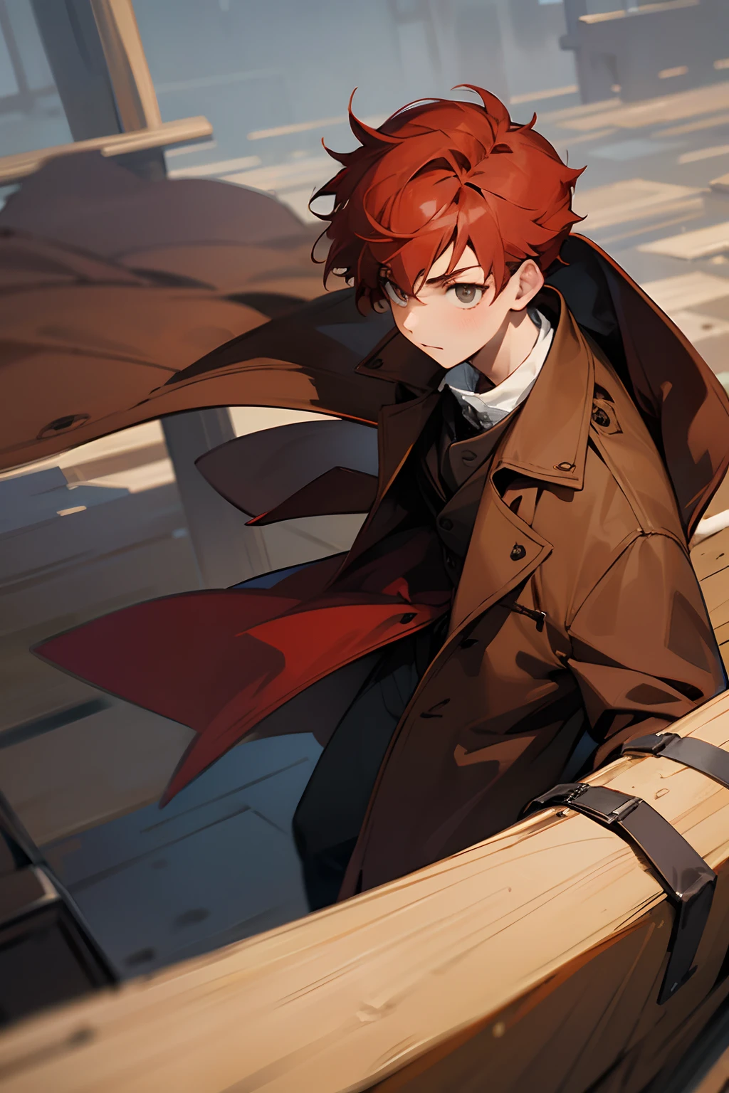 a young boy, short red hair, brown overcoat