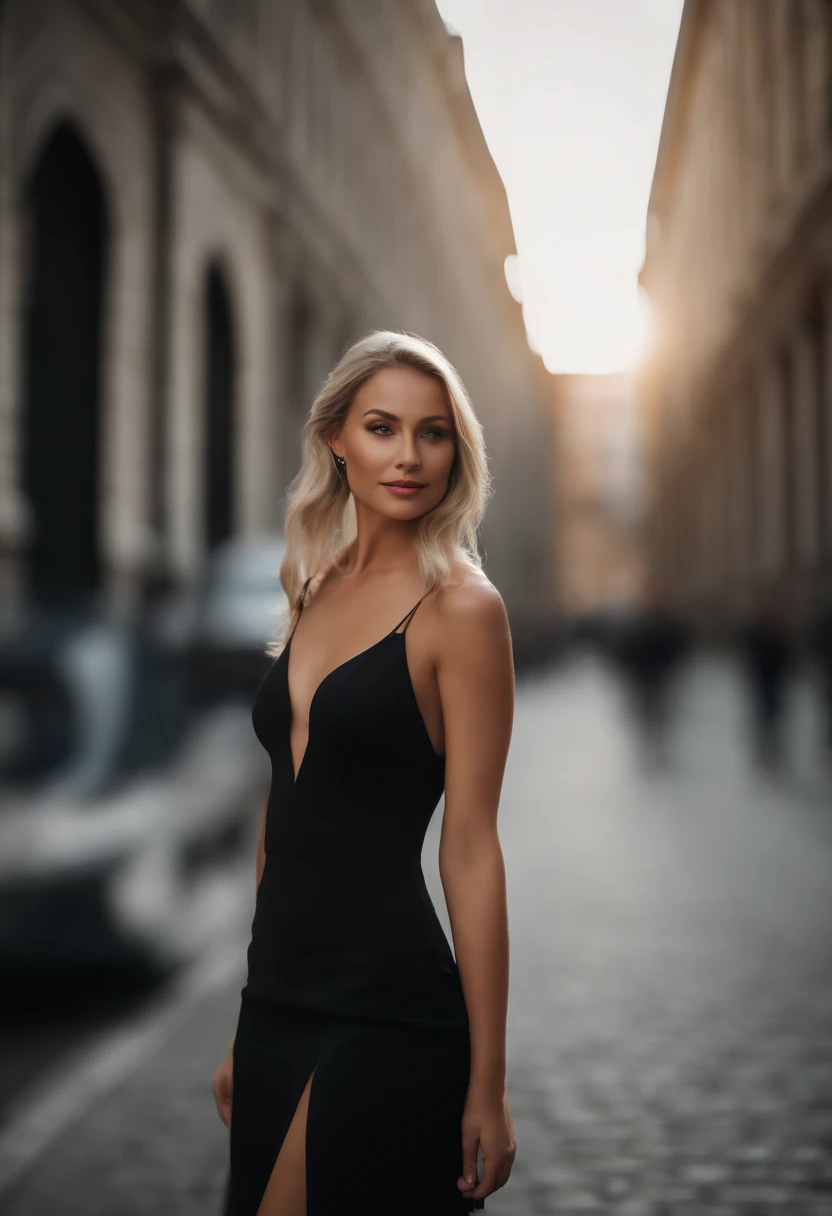 professional full body photo, (4k photo:1.1) by (Jeremy Lipking:0.3), (Dittmann Anna:0.3), (Arian Mark:0.3), (Sharp focus:1.3), high detail, elegant woman, elegant black dress, walking on the street with bmw car , with straight blonde hair, instagram model pose, confident, fit girl, lean girl, medium breasts:1.2, perfect anatomy, perfect symmetry:1.2, realistic, realistic face:1.2, perfect face, smile face, confident, highly detailed, and dramatic, cinematic lighting, bright scene, soft light