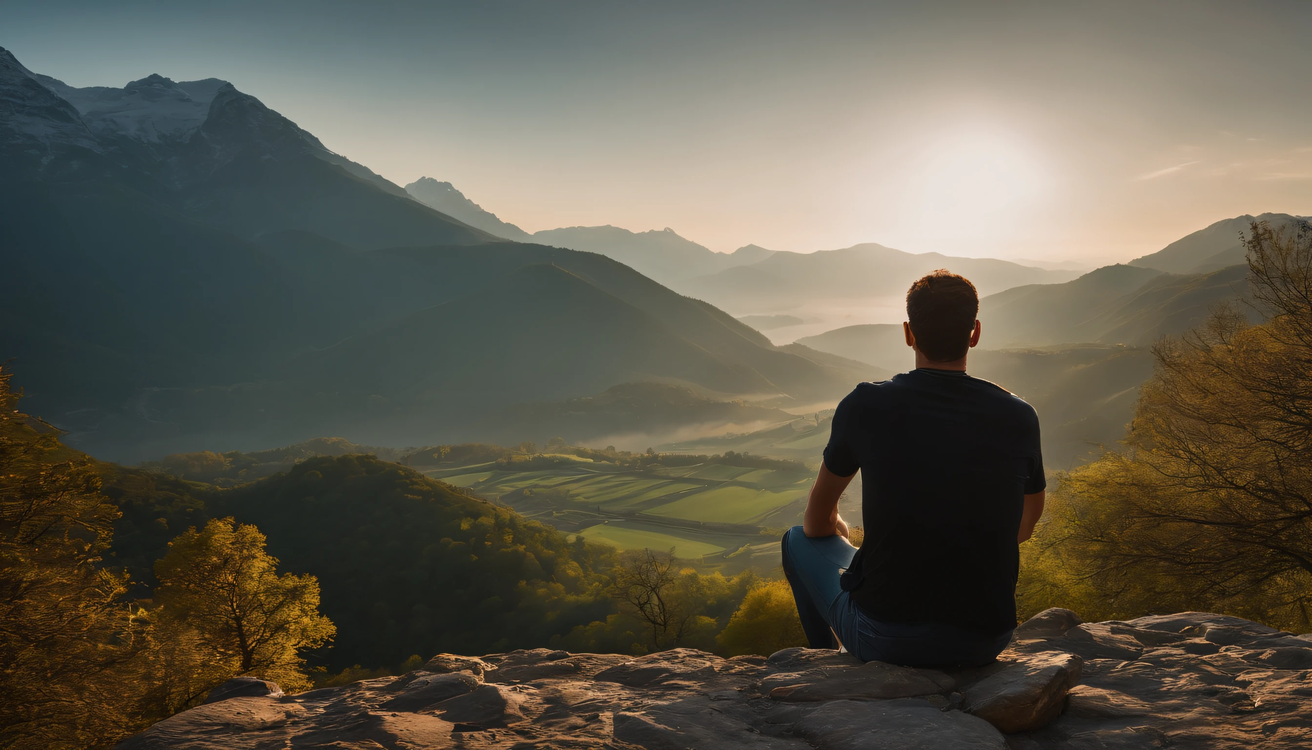 there is a man sitting on a wall with a view of mountains, hills in the background, with mountains in the background, in a scenic background, taken with sony alpha 9, sitting in a castle, chill time. good view, taken with sony a7r camera, standing near a castle, with mountains in background, amidst nature, with mountains in the distance