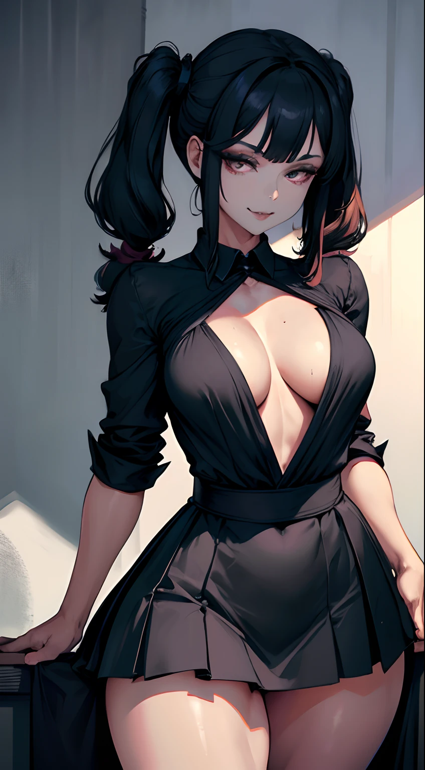 ((Best quality)), ((masterpiece)), (detailed: 1.4), beautiful woman, short black shirt open, short skirt, black hair locks gray, fringe twin tails, black rose, skull, neckline, sweaty, wide square, defined body, body shine, sarcastic smile, dark, black lipstick, ink, (solo), realistic,((masterpiece)), (best quality), (detailed), (1 girl), large breasts, sexy, thicc