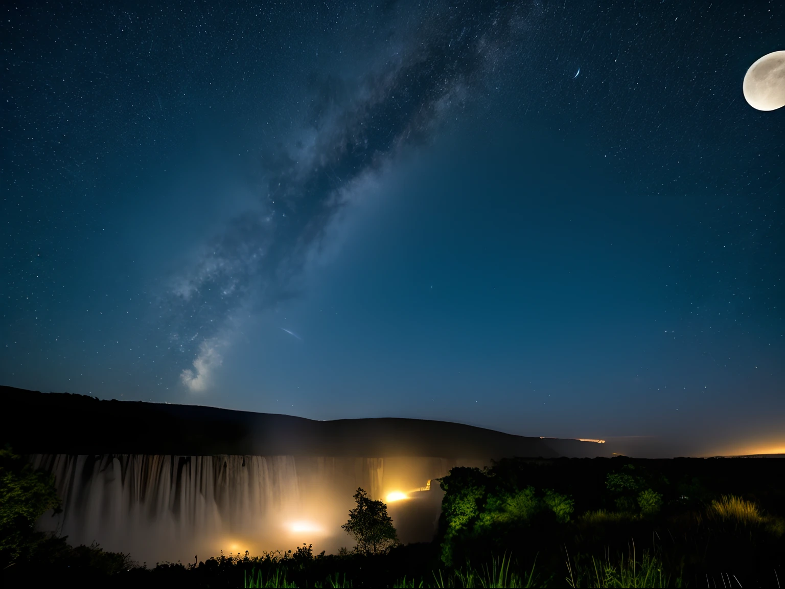 Night photography, a beautiful and tall waterfall with an unusual sky view, a full moon and the milky way.