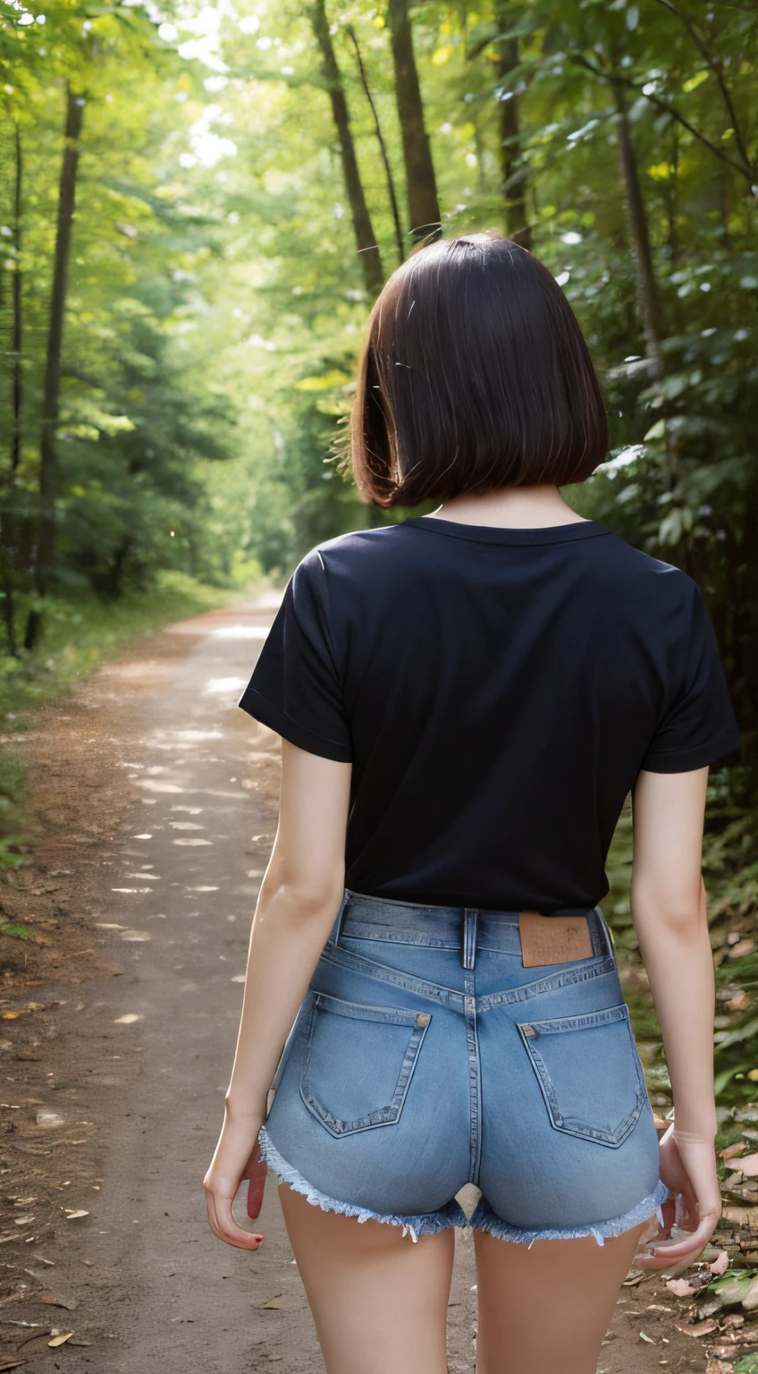 finely detail, hight resolution, hightquality、Perfect dynamic composition, Bob Layer Cut、In the deep forest、Trees are visible、Back only、Upper body、backs、long legged、long legged、I can't see my face、 28-year-old woman、1 persons、28 year old、Black T-shirt with short sleeves、Jeans shorts、