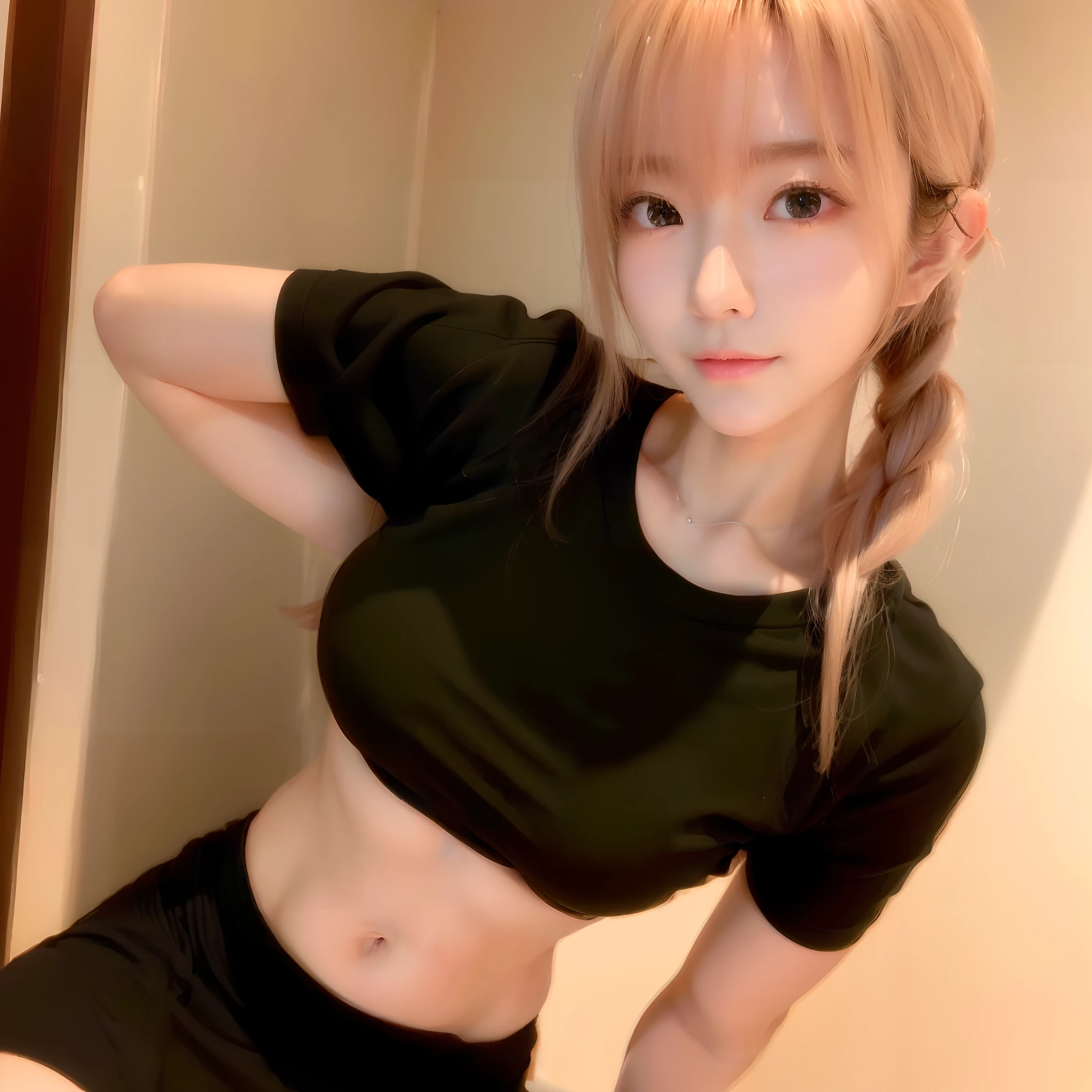 ((Best Picture Quality, 8k, tmasterpiece:1.3)), 1girl, Beautiful woman with slender abs:1.3, (Casual hairstyle, No leakage of big breasts:1.2), tee shirt，Superskirt:1.1, Ultra-fine face, A detailed eye, 二重まぶた，ssmile，Home