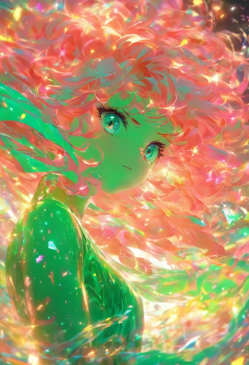 escorzo,  Profundidad de campo, Pieza maestra, La mejor calidad, 1girl, cabello rosado, ojos de color verde azulado,  cabelos medios, Flotante,Rayos rosados, solo, Mirando al espectador,vestido rosa, Volador,  luz solar tenue,