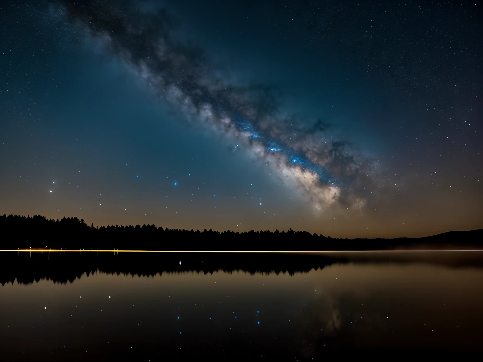 Night photography, a beautiful and foggy lake, with an unusual sky view, a full moon and the milky way, reflections