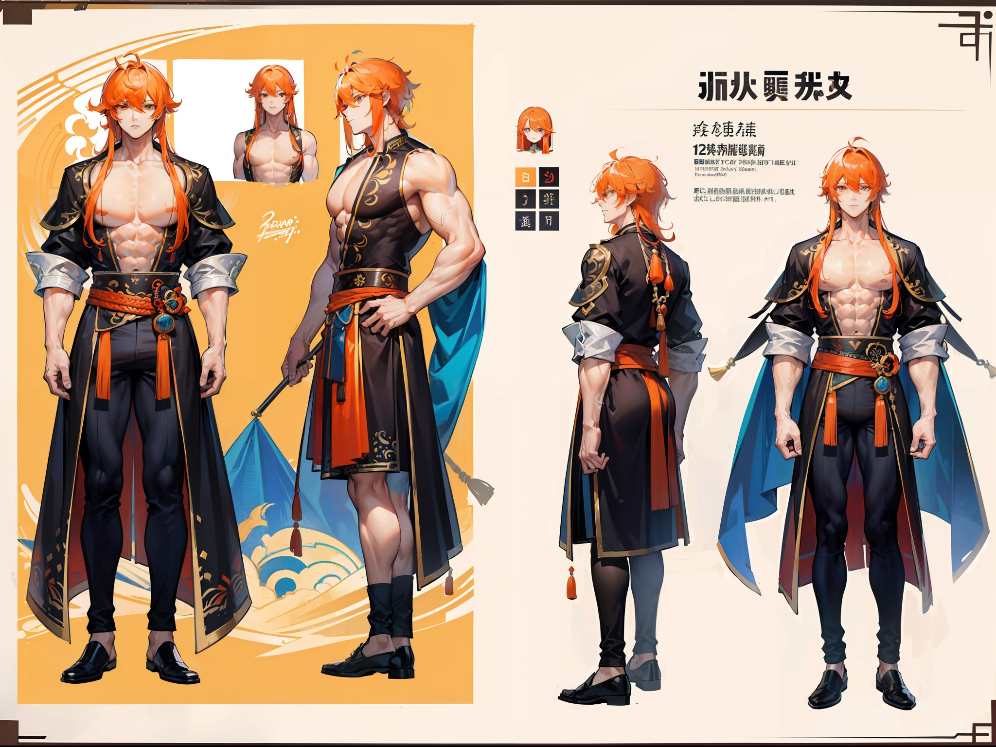 ((Masterpiece, Highest quality)), Detailed face, character design sheet， full bodyesbian, Full of details, frontal body view, back body view, Highly detailed, Depth, Many parts, Muscle boy with orange hair，handsome man, muscle body, white outfit male gods, man tall