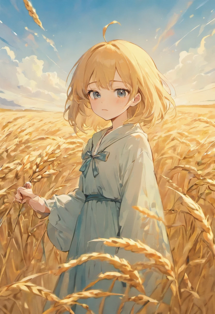 There was a girl standing in a wheat field， Blue sky, Golden wheat fields, A ghost male stands next to the girl，A beautiful artwork illustration,  Stylized digital illustration, Colorful illustration, Color illustration cute detailed digital art, adorable digital art, 2. 5 d illus, illustration, Exquisite digital illustration, fairy-tale illustration style, dreamlike illustration, high quality illustration, 2d matte illustration