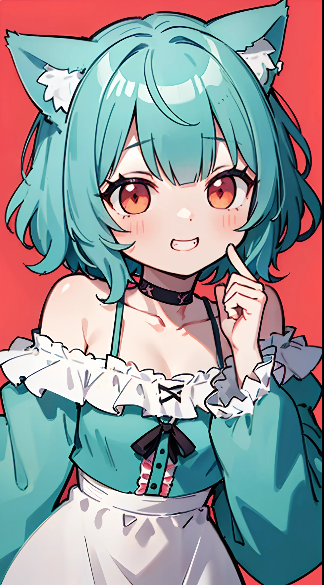 close-up portrait of ((solo 1catgirl with nekomimi)), ((short fluffy turquoise hair in a wavy bob-cut)), red hair undertone, big grin, masterpiece, red eyes, simple light plain background, ((white frilly off-shoulder sundress))