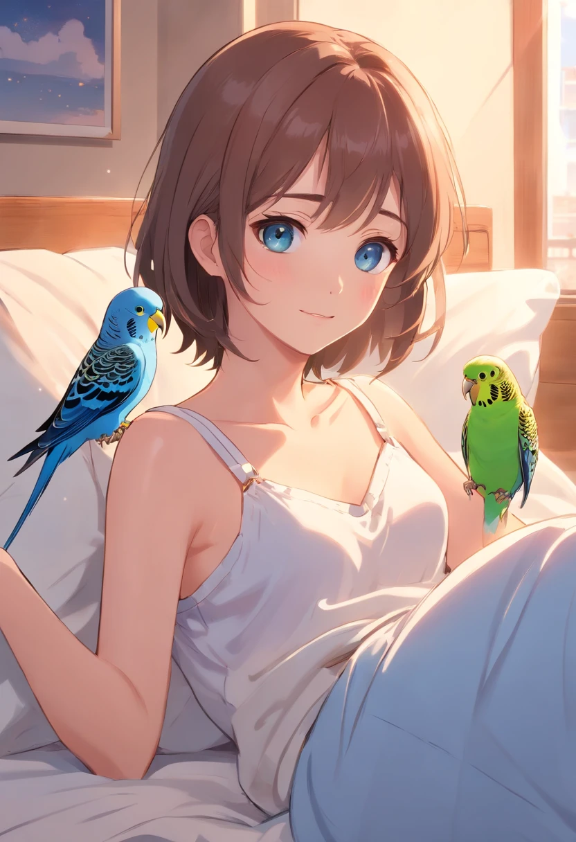 Best quality,4K,8K,A high resolution,masutepiece:1.2),Ultra-detailed, in a house、Sleeping on the Bed、Early morning sun exposure and place to wake up、A gentle smile stares at the budgie,Only a little fluttering button pajamas、Budgies singing and waking up、With a beautiful song、Beautiful,Beautiful detailed eyes,Blue budgie,soft blue eyes,sportrait,Subtle tones,Soft lighting，comic strip，Comic composition
