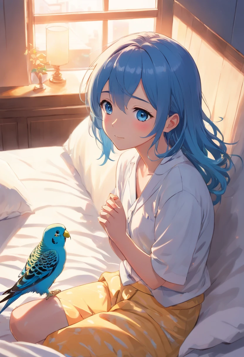 Best quality,4K,8K,A high resolution,masutepiece:1.2),Ultra-detailed, in a house、Sleeping on the Bed、Early morning sun exposure and place to wake up、A gentle smile stares at the budgie,Only a little fluttering button pajamas、Budgies singing and waking up、With a beautiful song、Beautiful,Beautiful detailed eyes,Blue budgie,soft blue eyes,sportrait,Subtle tones,Soft lighting,comic strip,Comic composition
