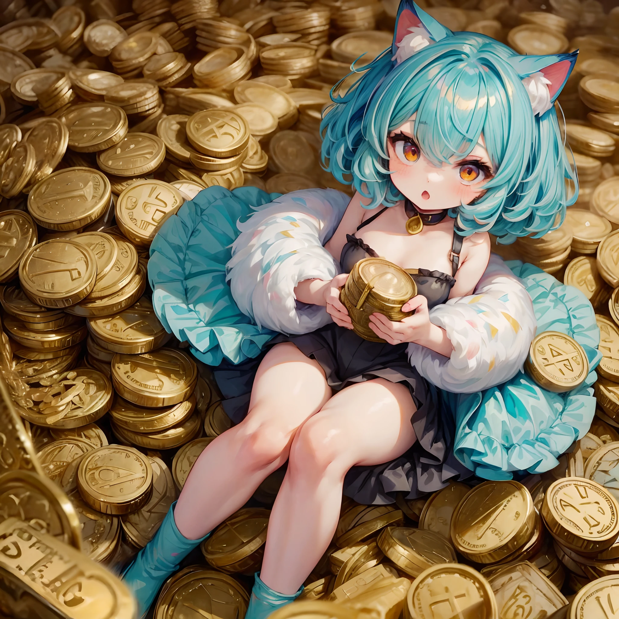 catgirl, ((short fluffy turquoise hair in a wavy bob-cut)), red eyes, buried in piles of gold coins, happy, big wink, (chibi)