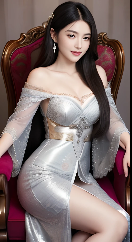 (masutepiece, Best Quality: 1.4), in 8K,Raw photo,Real person,Photorealistic, (full bodyesbian:1.5), Bright natural light, Glossy skin, Detailed skin, Detailed face, Detailed eyes, Perfect beautiful hands, Detailed fingers, beautifully detailed eyes, Perfect eyes, Seductive eyes,A charming smile、 beautiful mature lady、Mature woman with sexy body, Medieval emperors、Medieval emperor's dress with luxurious embroidery(Intricate details of the dress)、The emperor's chair with luxurious and delicate very high backrest、cross-legs sitting、Long silver hair