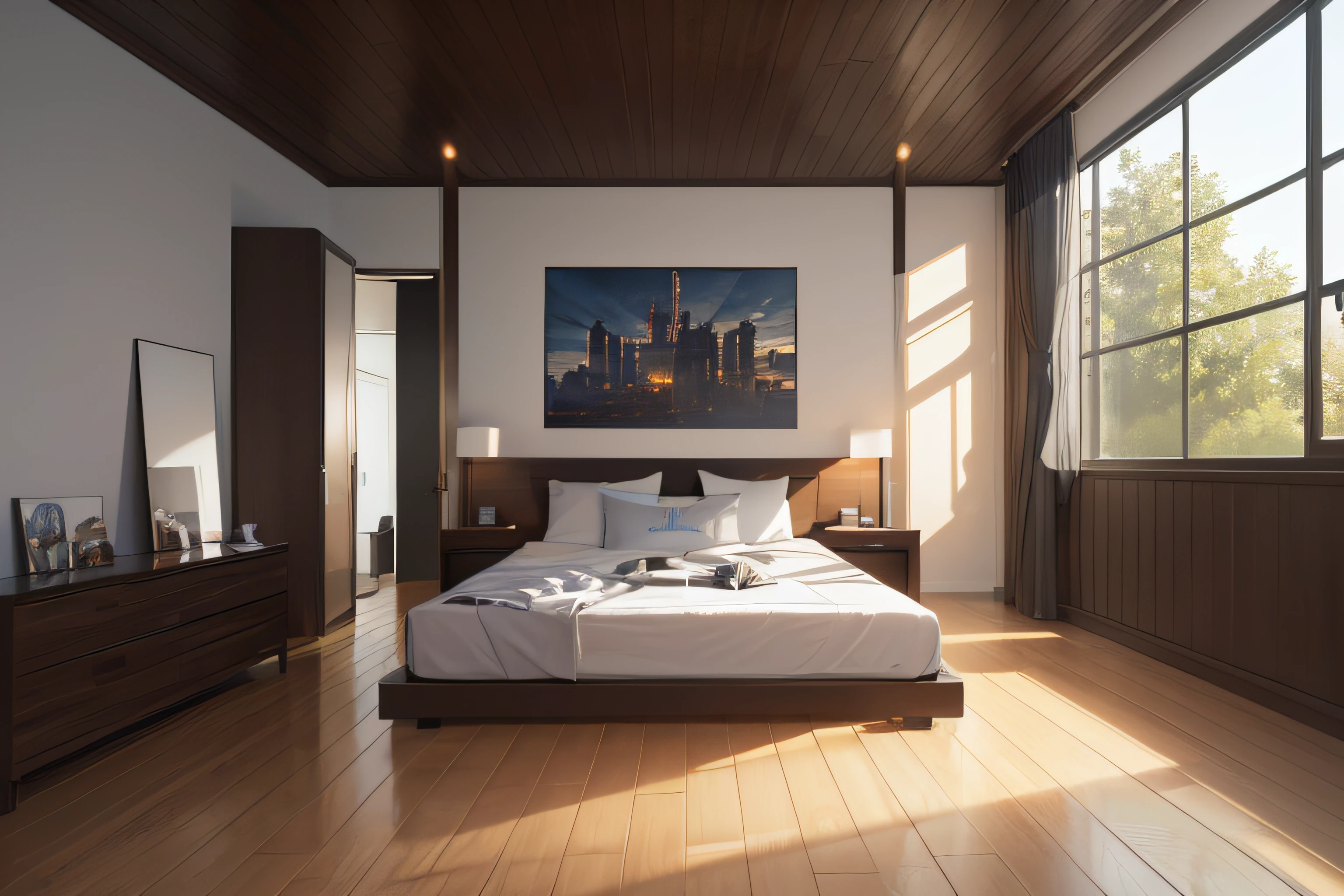 Interior design, minimalist room, gamer zone, streamer or gamer room, city forest view, (Masterpiece), (Advanced: 1.5), Top CG, Highest Quality, Right Proportions, Perfect Composition, High Quality Detail, Perfect Detail, (Super Detailed CG: 1.2), (8K: 1.2), Realistic, Octane Rendering,