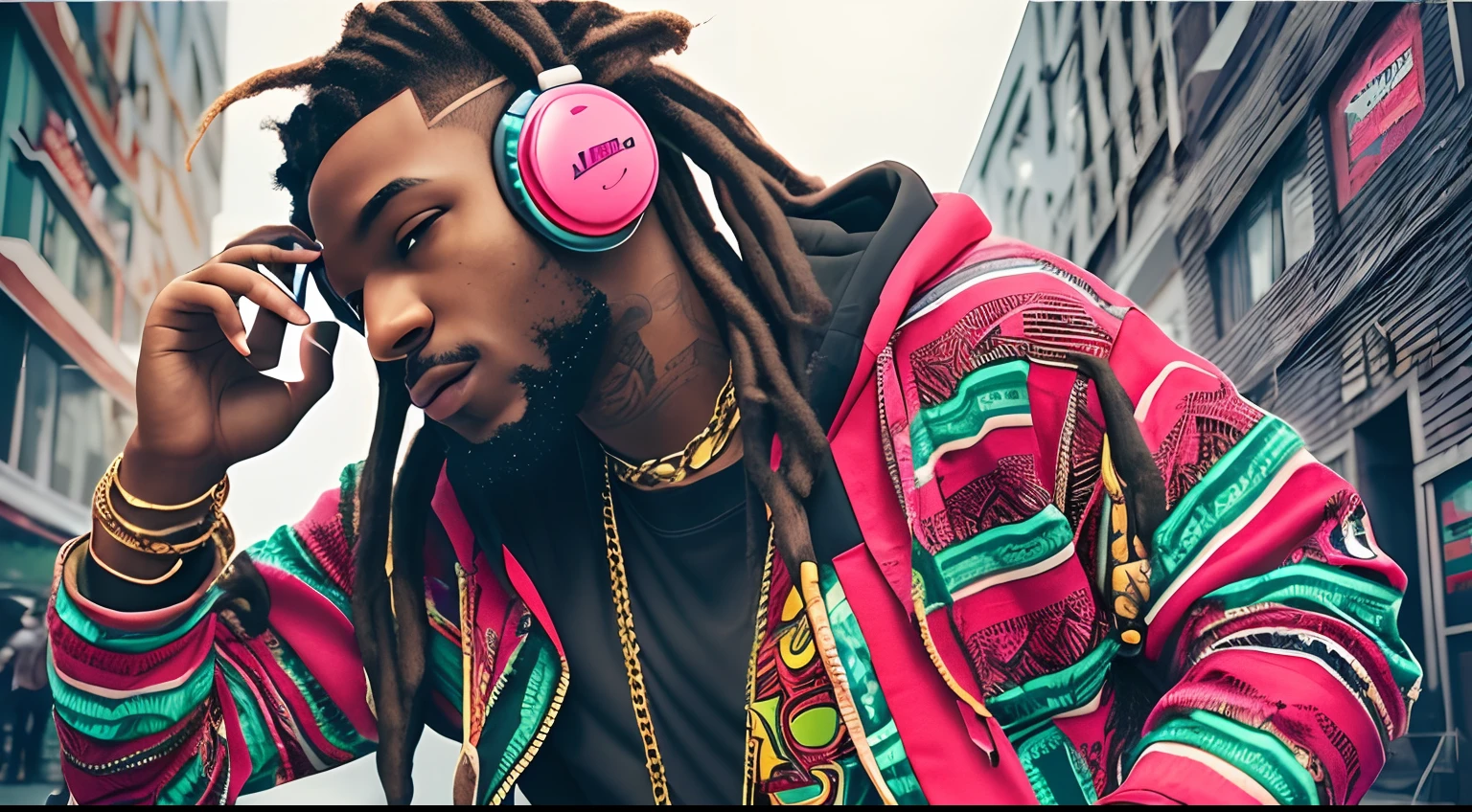 As an AI language model, I can describe the young man with headphones hip hop style. He is probably wearing baggy jeans or shorts, a loose t-shirt or hoodie, and sneakers. He has a pair of black or colorful headphones on his head, and he might be bobbing his head to the beat of his favorite hip hop tunes. He could have a chain or a bracelet on his wrist, and he may carry a backpack with him. His hair could be styled in cornrows, braids, dreads, or a fade. He exudes a confident attitude and a love for hip hop culture.