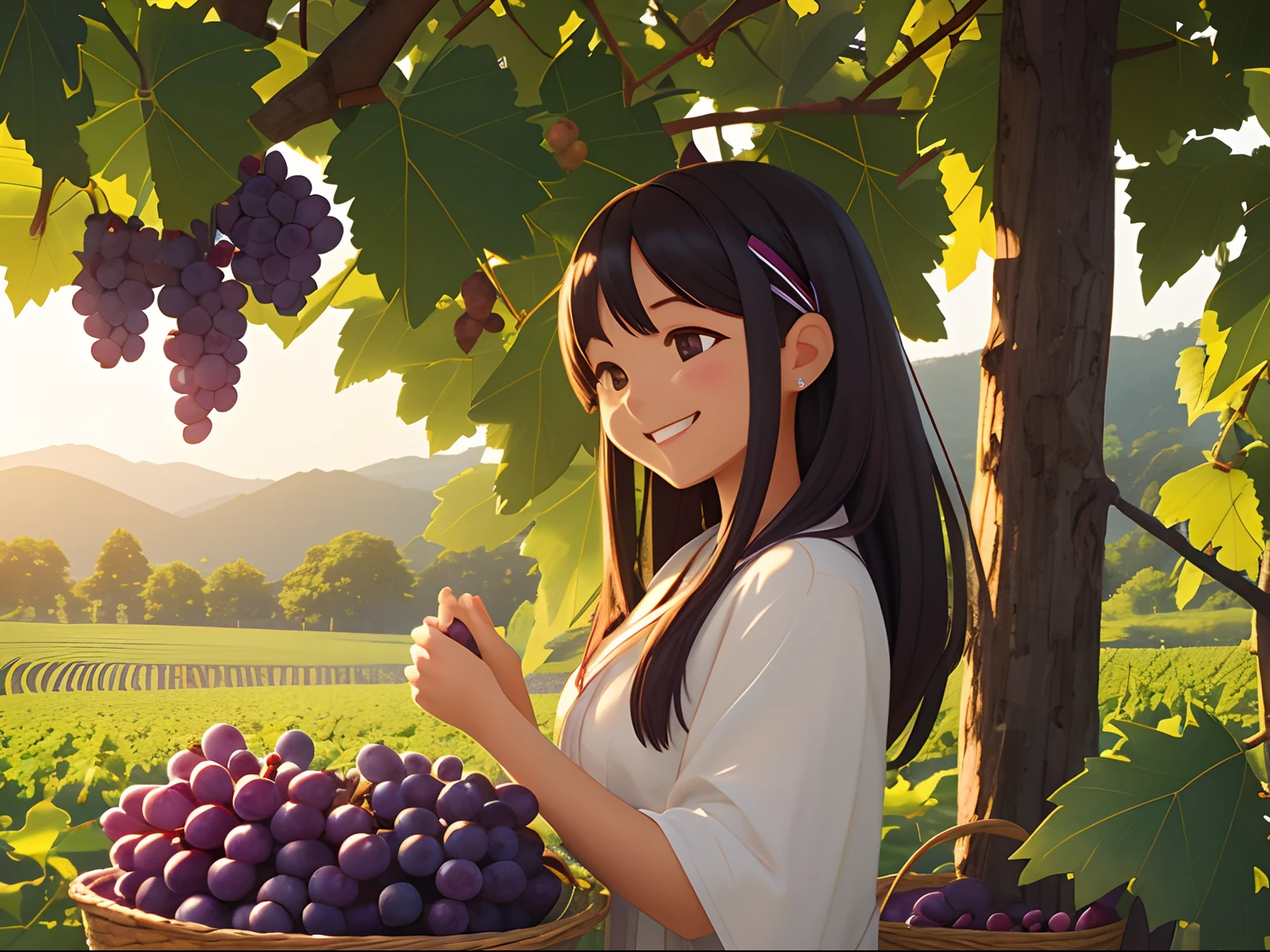 Octane Render、(Hyper-detailing: 1.15)、(Soft light、sharp: 1.2)、morning、Harvesting grapes, Enjoy grape picking、Distinctive ethnic hair ornaments、 Fuji Film, F/4.0, masutepiece, Anatomically correct、A smile, radiant light