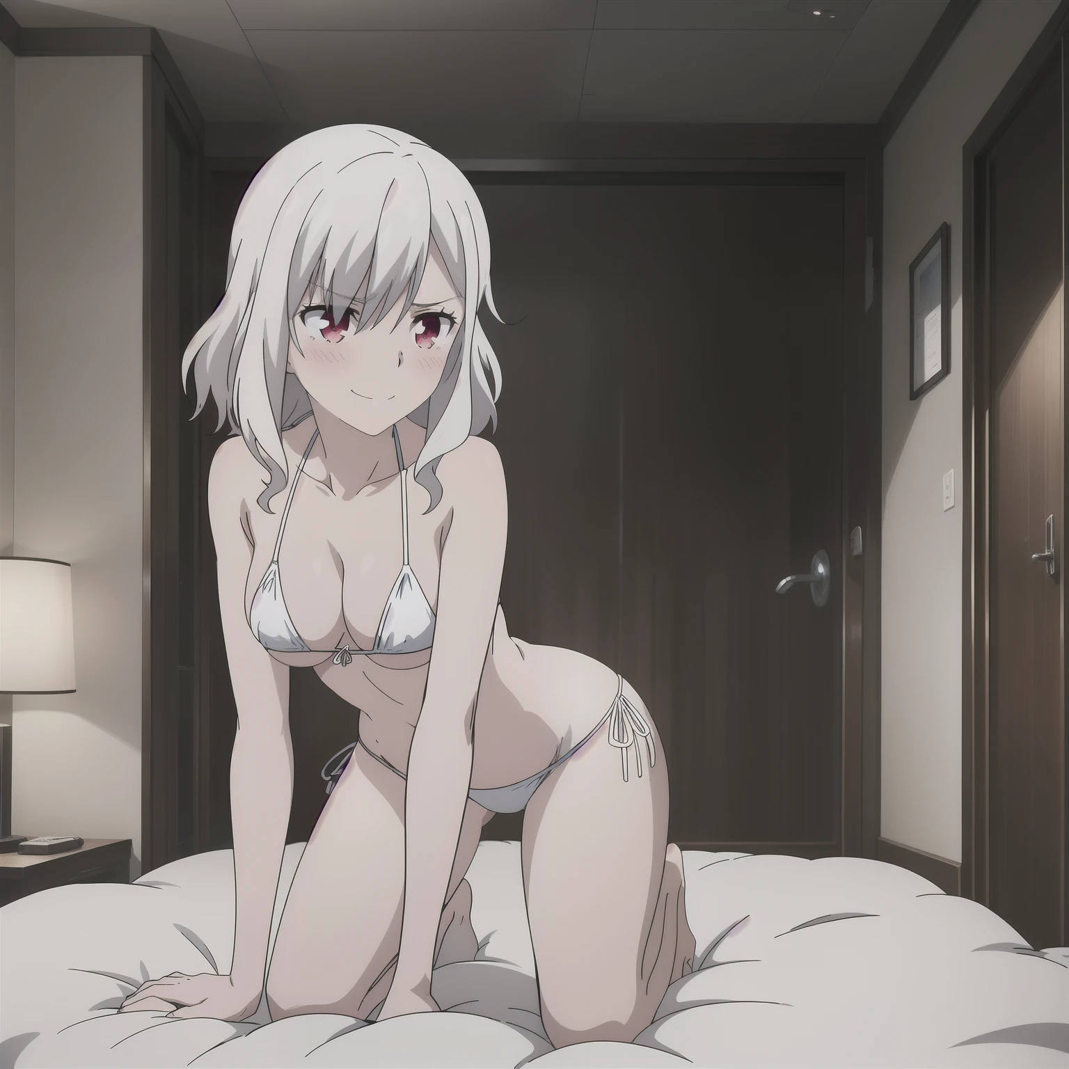 1girl,big breasts,hotel room,(8k),scratches,detailed face,white hair,red eyes,medium hair,embarassed,shy,small smile,high_res, high_definition,sexy pose,micro bikini,full body,