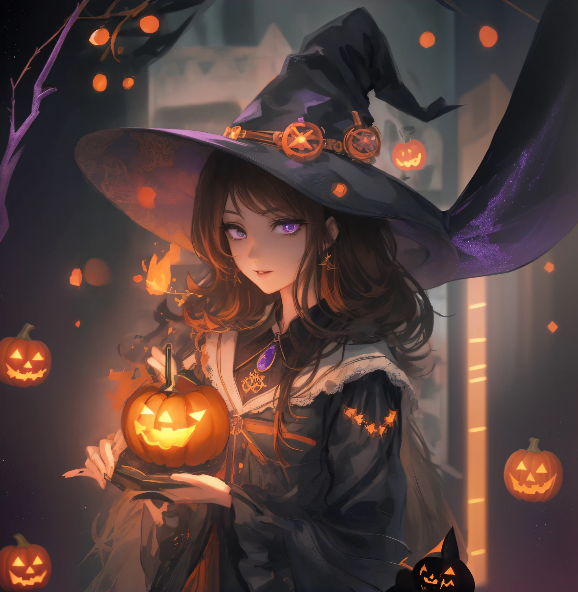 Sophisticated woman, 28 years old woman, twinkling stars, Half body portrait, black and purple Witch costume, Jack-o-lantern, WLOP Style WAGMI Cool Woman, Russian beauty face, Halloween Festival, orange brown hair, concept art, beautiful nose, not cut of top, in the style of insanely detailed illustrations, Witch hat ,z-brush, purple core, sparkle-effect, beautiful moon night, anime-influenced, wind-effect, 64k, shimmering lighting, masterpiece,