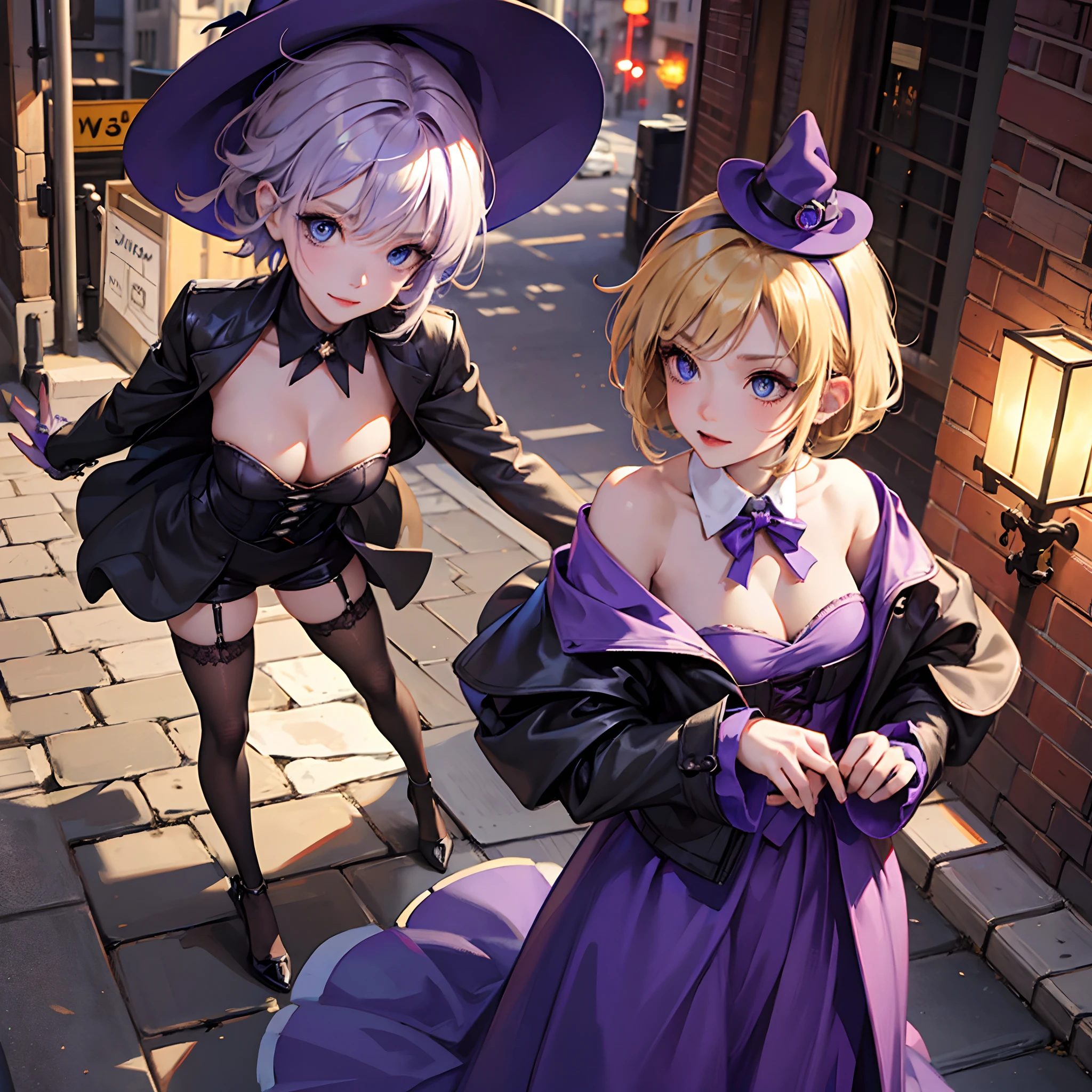 Up dynamic view, Short girl, short blond hair, gothic purple witch cosplay, beautiful detailed blue eyes, skinny, low smile, into the street environment, little witch hat, cleavage, leaning forward, cute, focus on face