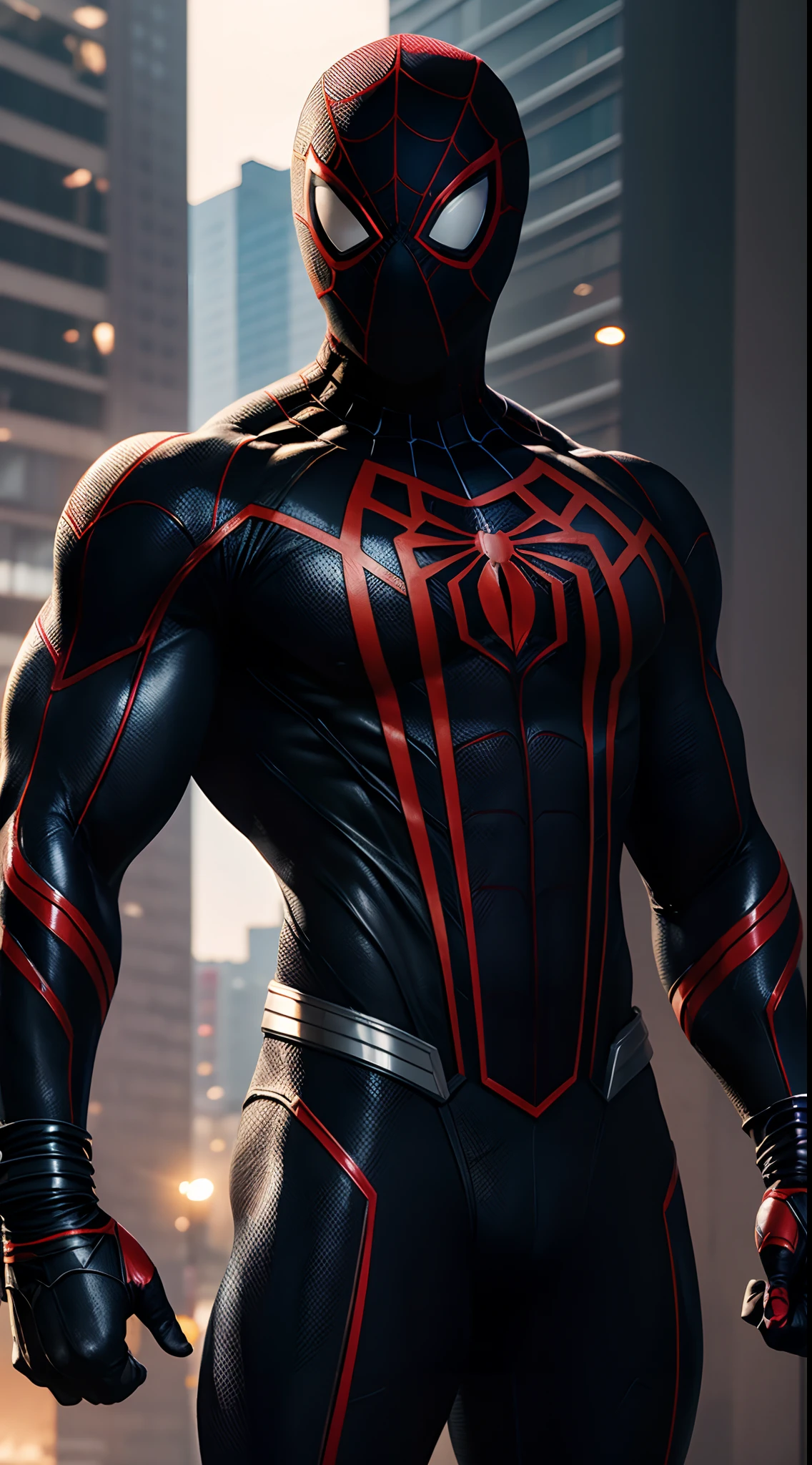 Miles Morales uniform Black Spider-Man Marvel, super strong, muscular, body like bodybuilder, 35mm lens, photography, ultra details, HDR, UHD,8K
