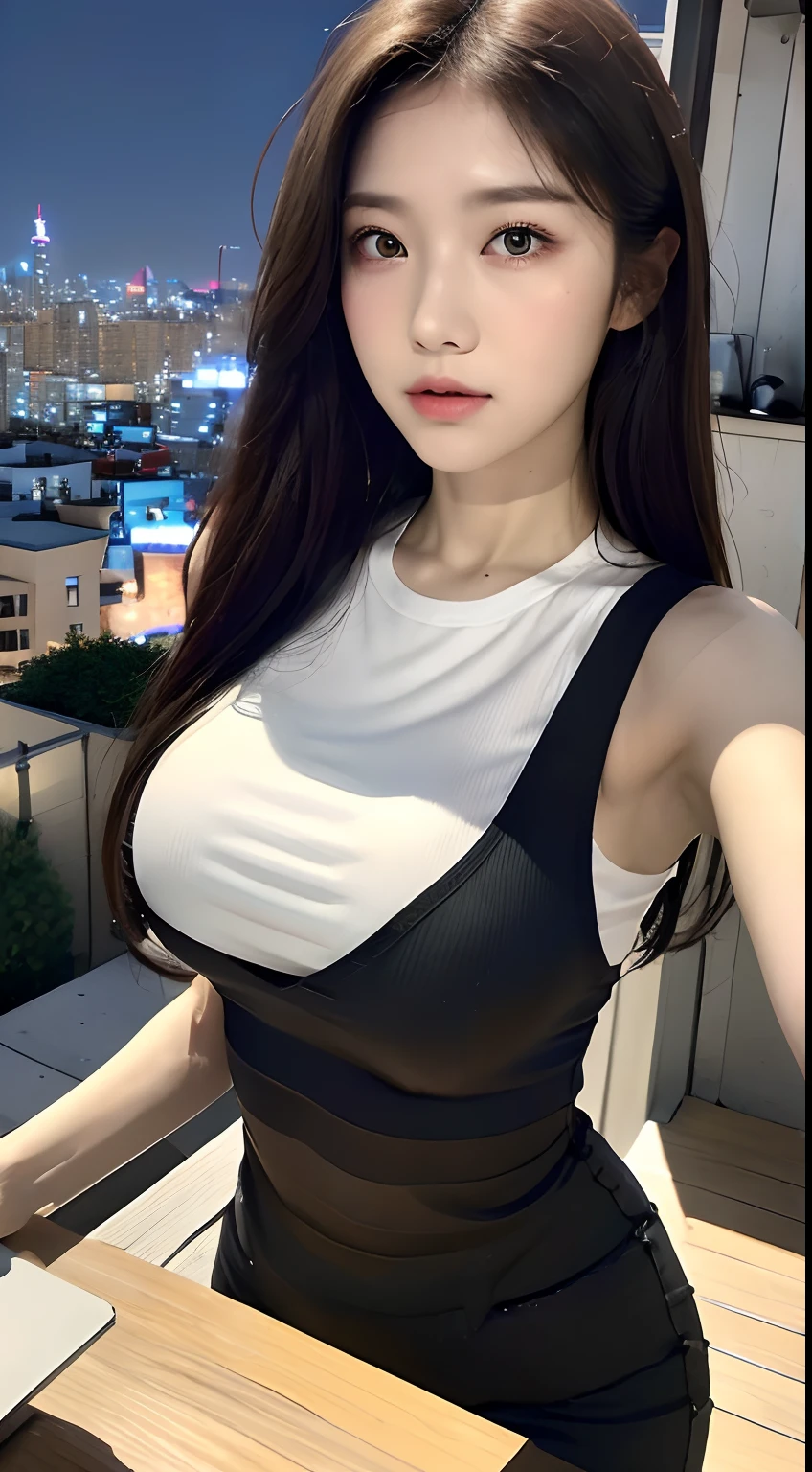 ((Midnight, Best quality, 8k, Masterpiece :1.3)), Whole body, Long legs, Sharp focus :1.2, A pretty woman with perfect figure :1.4, Slender abs :1.1, ((Dark brown hair, Big breasts :1.2)), (White tight tshirt, Jean bib, Standing:1.2), ((Night city view, Rooftop:1.3)), Highly detailed face and skin texture, Detailed eyes, Double eyelid