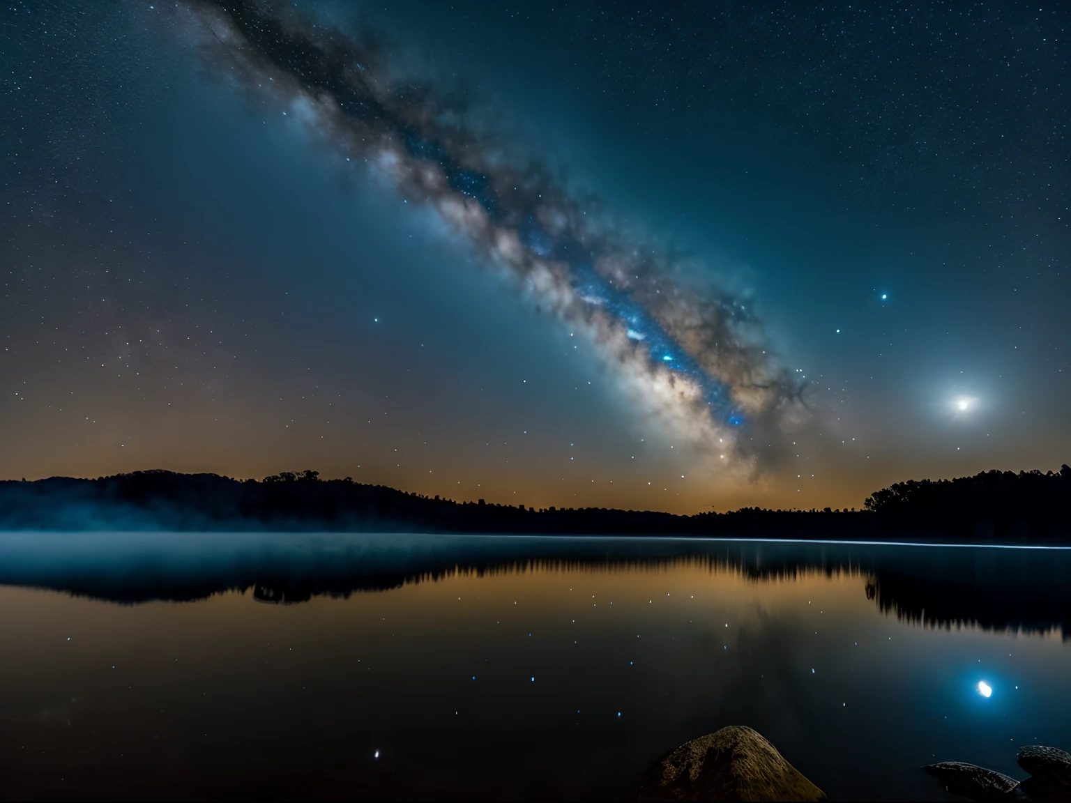 Night photography, a beautiful and foggy lake, with an unusual sky view, a full moon and the milky way, reflections