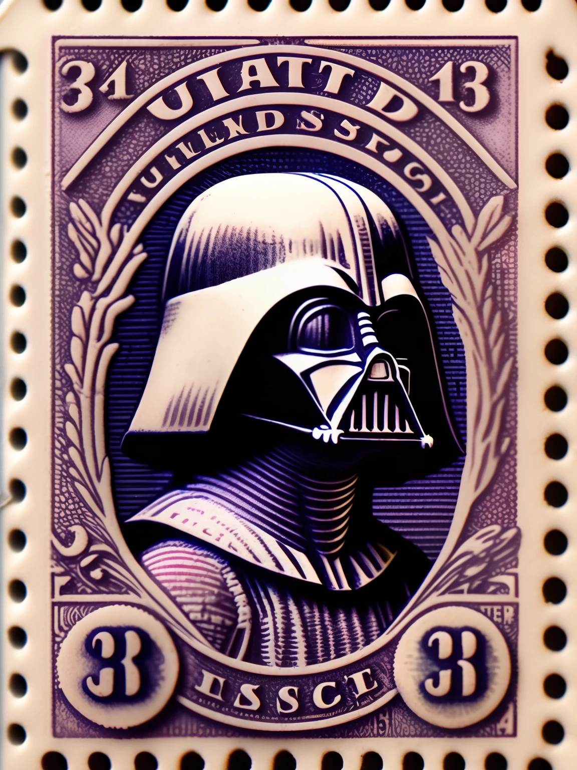 vintage United States Postage Stamp, 3 cent stamp, Darth Vader head, purple ink, line engraving, intaglio