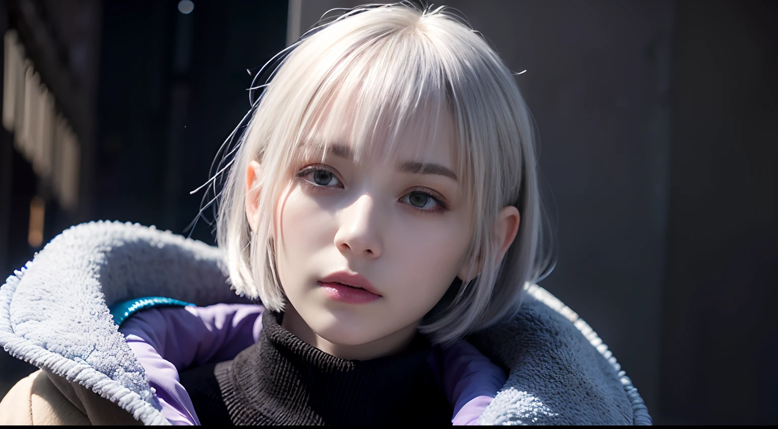 Fiona Frost, pale complexion, bobbed hair, short hair, light lavender hair, ((a long fringe of hair covering the right side of her face)), ((cold purple eyes)), white eyelashes, white eyebrow, emotionless expression, ((wearing a blue duffel coat)), black turtleneck, beautiful, slender, ((long bangs))