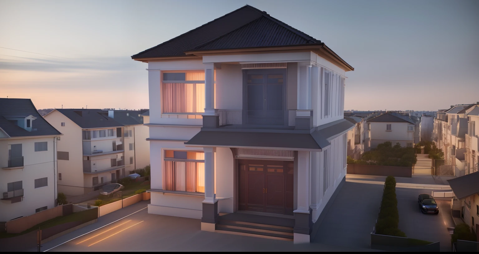 a rendering of a two story house with a balcony and a balcony, with 3 d render, with 3d render, sketch - up, complete house, frontview, front-view, rendered 3d model, rendered, 3 d rendering, 3d rendering, front view dramatic, 3 d design, 3d design, exterior design, front perspective, residential design