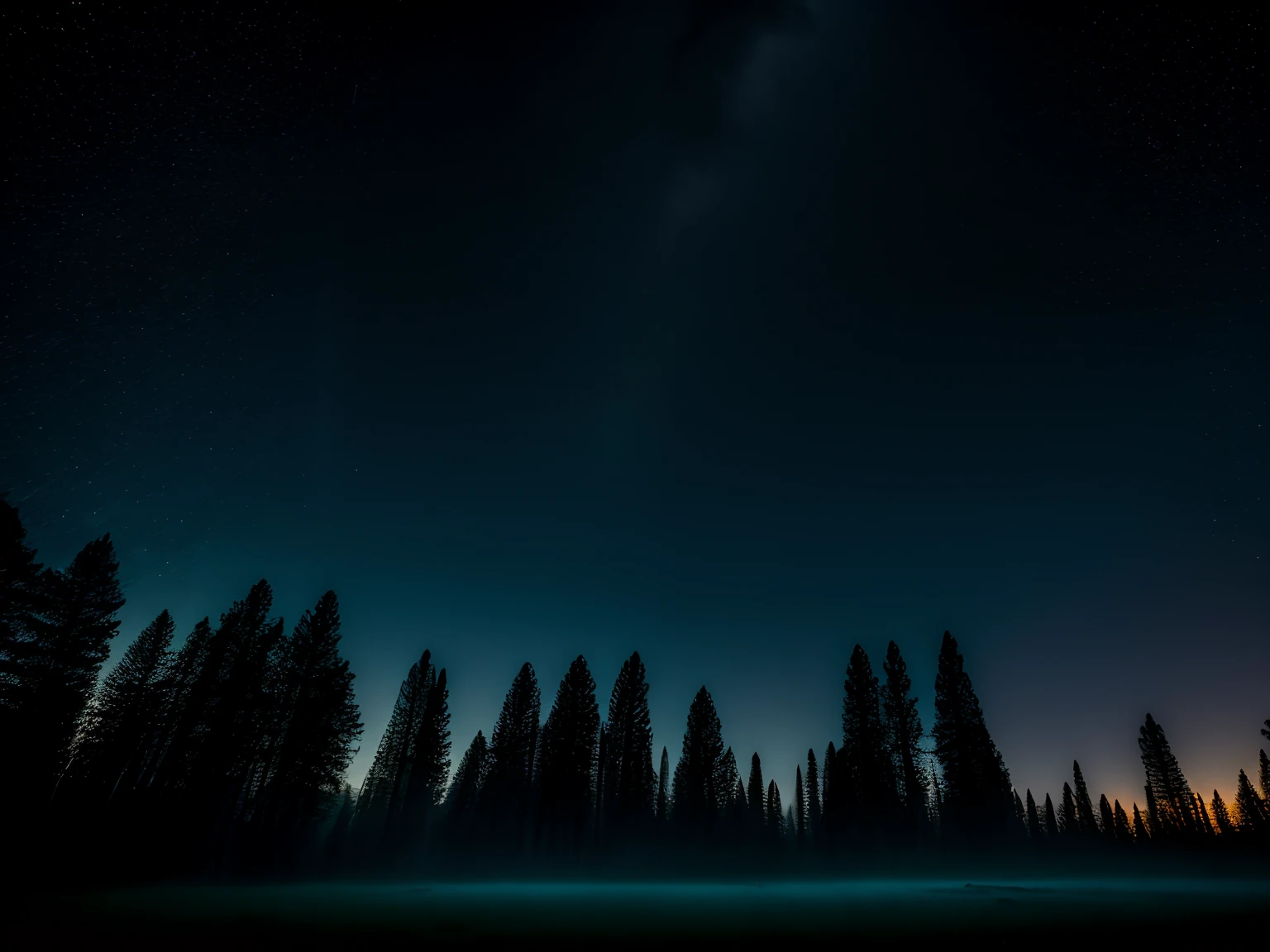 Night photography, a beautiful and misty forest, view from below, with an unusual sky view, a full moon and the milky way.
