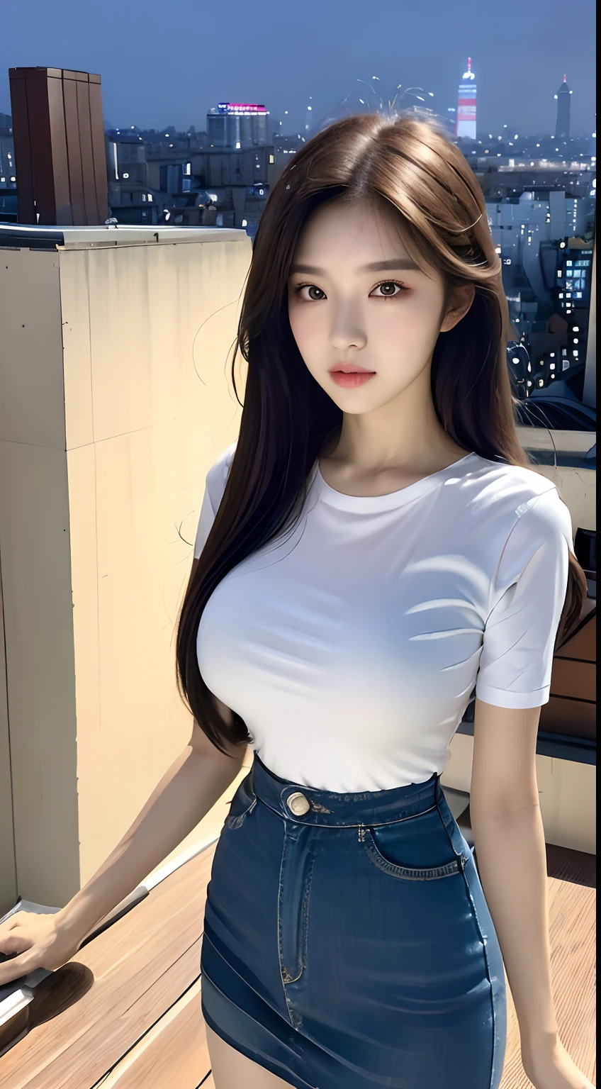 ((Midnight, Best quality, 8k, Masterpiece :1.3)), Whole body, Long legs, Sharp focus :1.2, A pretty woman with perfect figure :1.4, Slender abs :1.1, ((Dark brown hair, Big breasts :1.2)), (White tight tshirt, Jean bib, Standing:1.2), ((Night city view, Rooftop:1.3)), Highly detailed face and skin texture, Detailed eyes, Double eyelid