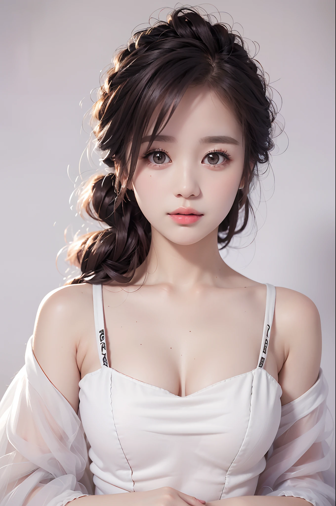 best qualtiy, tmasterpiece, 超高分辨率, realisticlying, 1girll, bshoulders, ssmile, Oversized_Sweater, gentlesoftlighting, Delicate skin, brown hair,(Beautiful breasts),