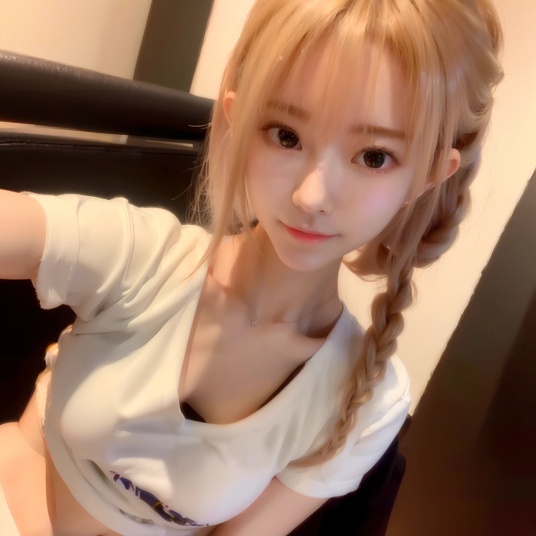 ((Best Picture Quality, 8k, tmasterpiece:1.3)), 1girl, Beautiful woman with slender abs:1.3, (Casual hairstyle, No leakage of big breasts:1.2), tee shirt，Superskirt:1.1, Ultra-fine face, A detailed eye, 二重まぶた，ssmile，Home