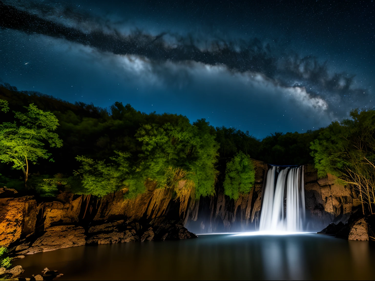 Night photography, a beautiful and tall waterfall with an unusual sky view, a full moon and the milky way.