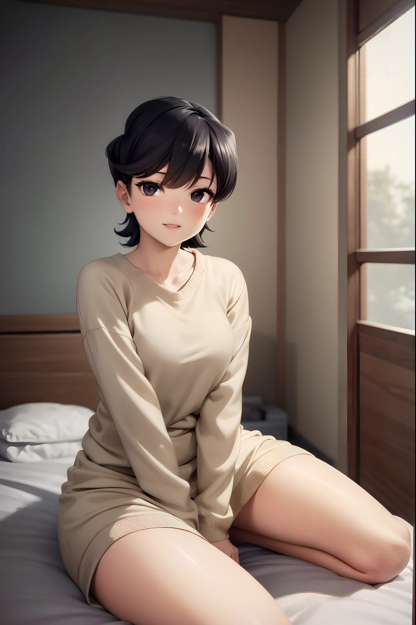 (komishuuko), hermoso, obra maestra, mejor calidad, cara extremadamente detallada, perfect ilumination, sonrisa, interior, dormitorio, ventana, Beautiful backdrop, Sweater with long-sleeved neckline, pantalones de mezclilla, pechos enormes, soleado, mirando al espectador, (1girl: 1.3)