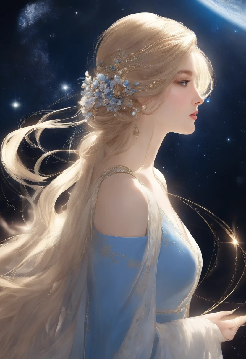 ​masterpiece、top-quality、Official art、Extreme details、Stellar lumen、cosmic space、Milky way、Mysteries of the universe、Silence、Cosmic Light、Goddess of Eternity、Inherited intent、Memory of antiquity、sapphire eyes、Long Blonde Hair、Tall and lean、resolute、noble、Wear a blue dress