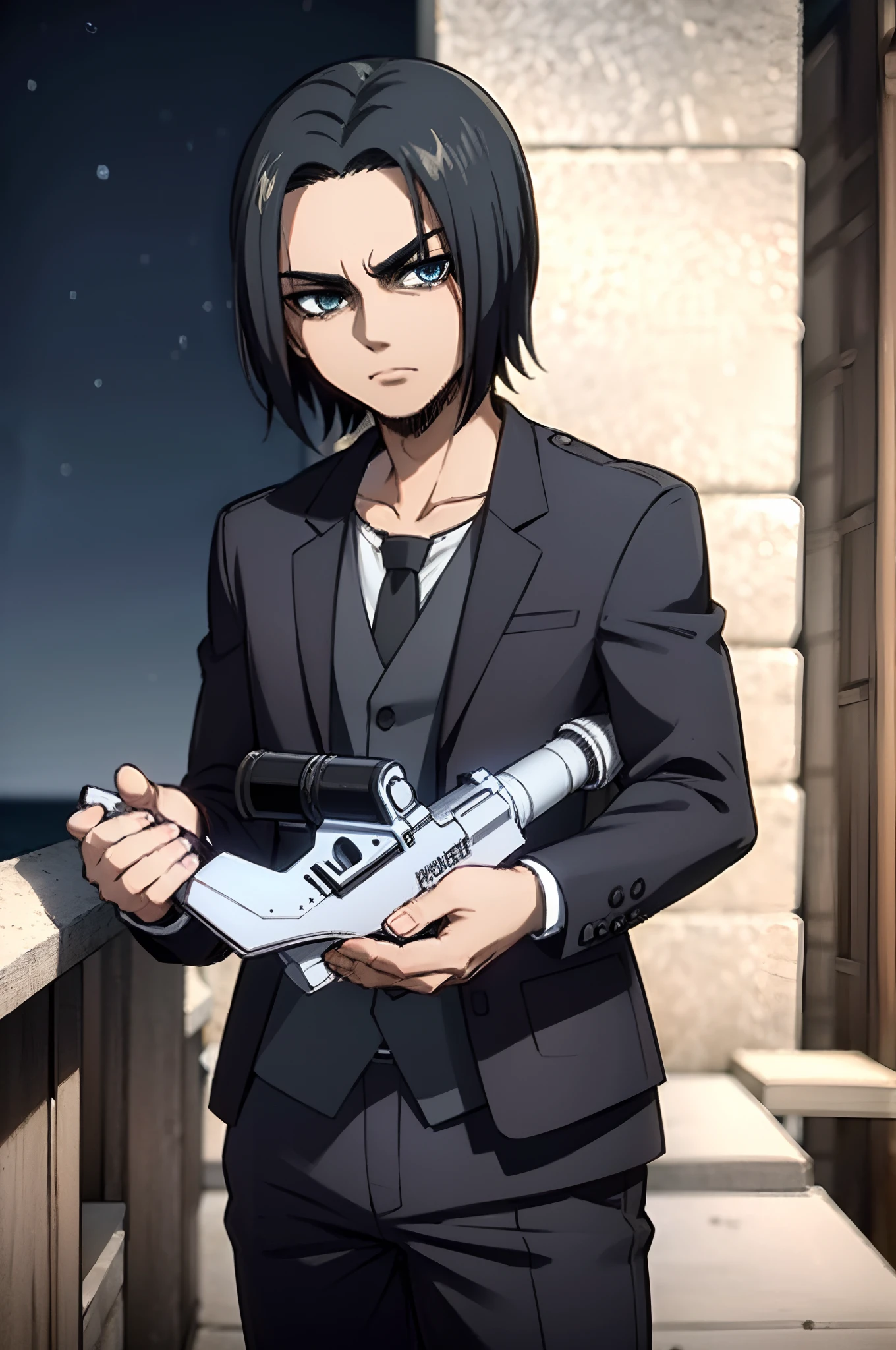 (best quality,4k,Altas,master part:1.2), man 30 years old, bob hair cut, blue hair, dark circles, wearing black suit, holding a rifle futurist, on a pier, night looking at viewer, 4k,