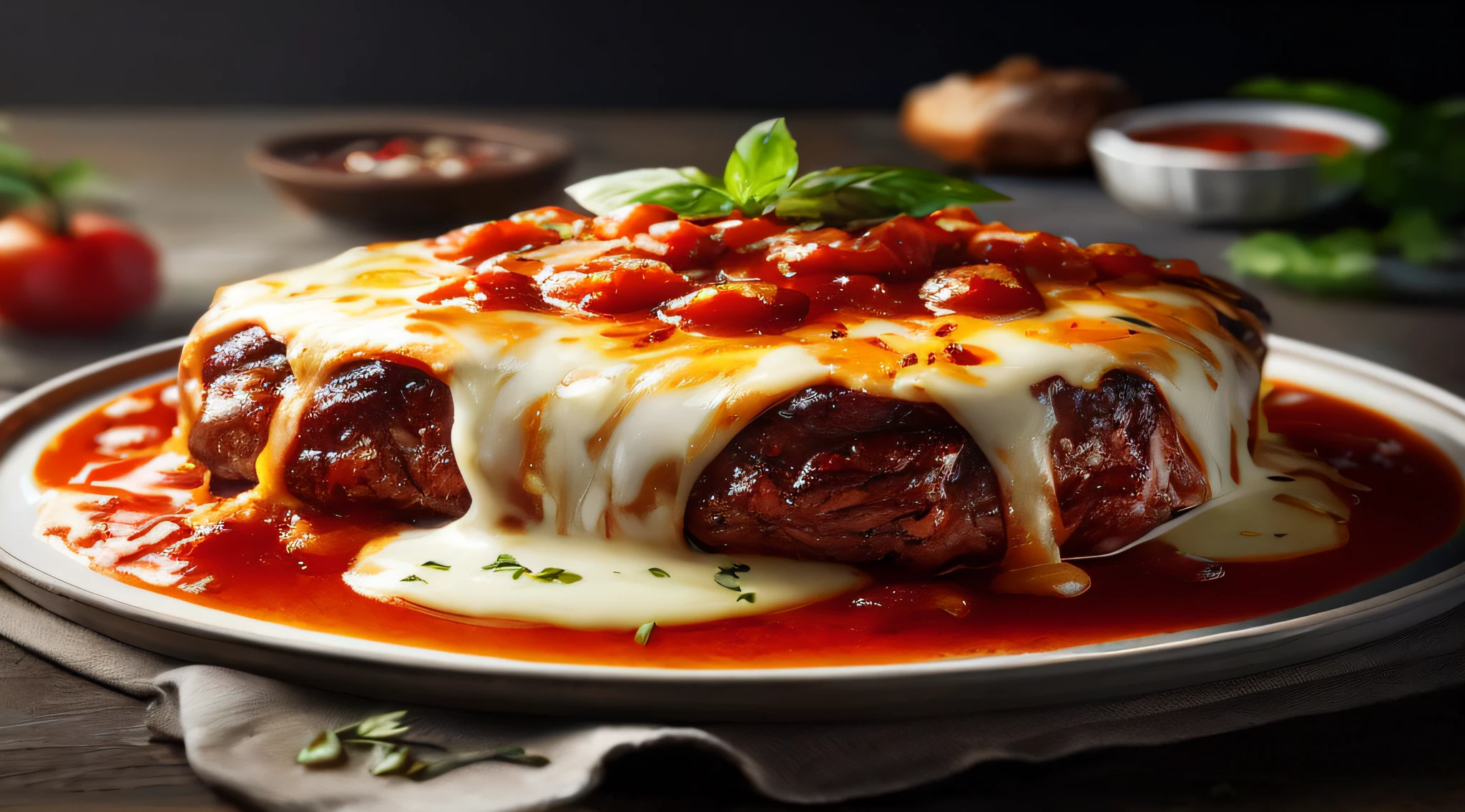 there is a plate of meat covered in sauce and sauce, high quality food photography, professional food photography, 4k food photography, 4 k food photography, food photography, melted cheese, hd food photography, food photography 4 k, meatloaf, food photography gourmet, amazing food photography, professional food photo, award winning food photography, super realistic food picture