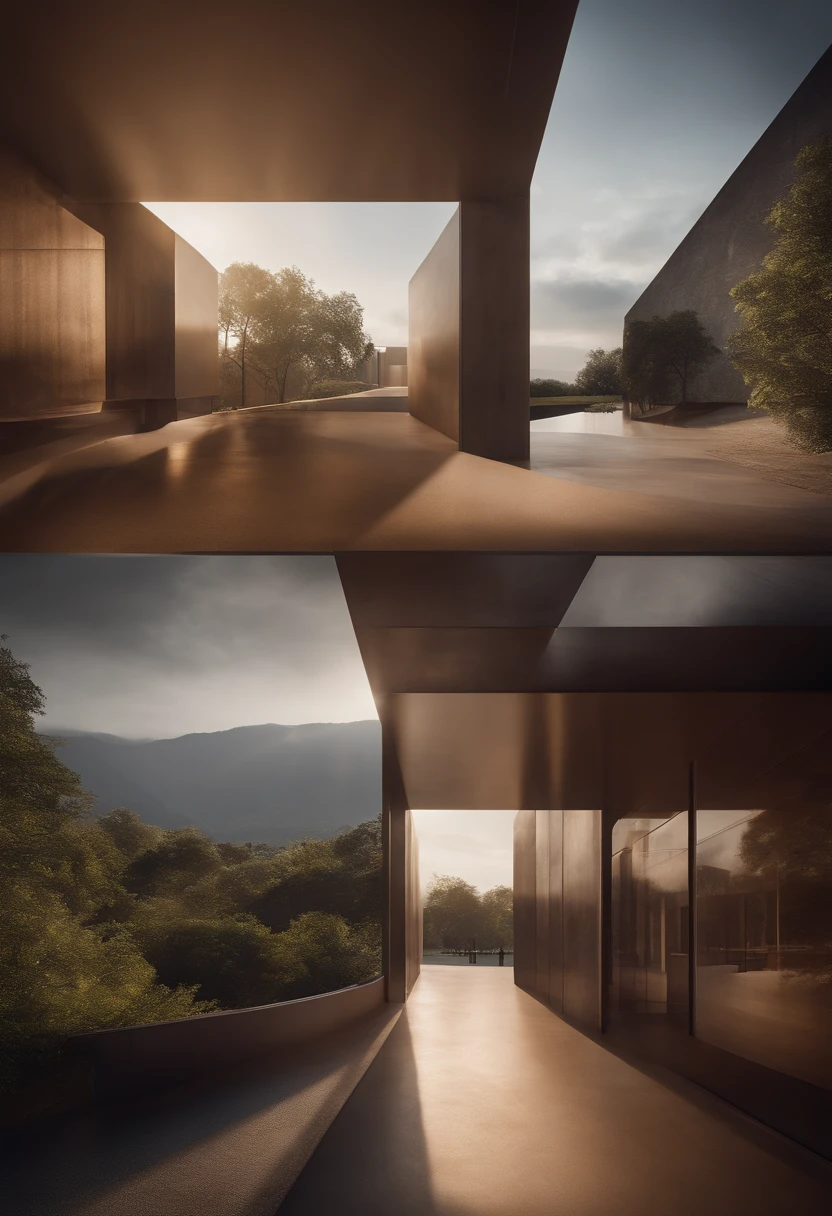 Architecture with four themed exhibition rooms, Architecture with a looping passageway, Architecture that incorporates the landscape