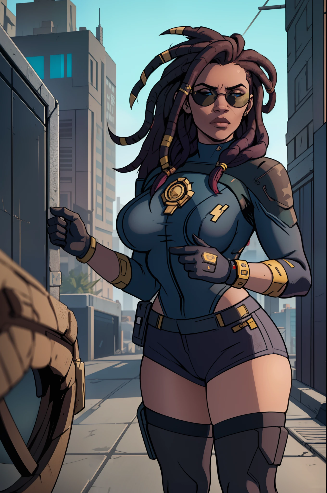 super high res, best quality, (illustration: 1.2), cinematic lighting, 23 year old very tall African American female who wears army camouflage clothing and is part of a team called the Crows, In addition she wears mirrored sunglasses and also has dreads in her hair (Cyberpunk 2020)