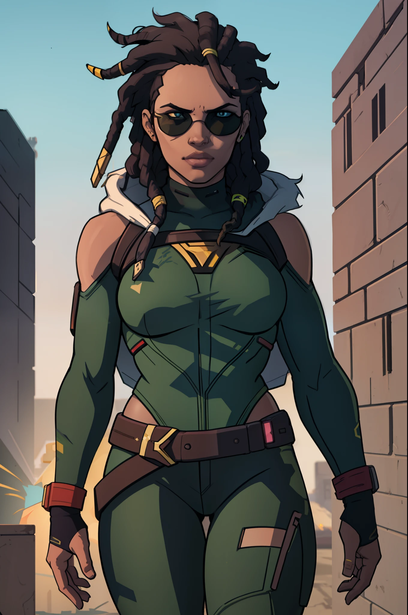 super high res, best quality, (illustration: 1.2), cinematic lighting, 23 year old very tall African American female who wears army camouflage clothing and is part of a team called the Crows, In addition she wears mirrored sunglasses and also has dreads in her hair (Cyberpunk 2020)