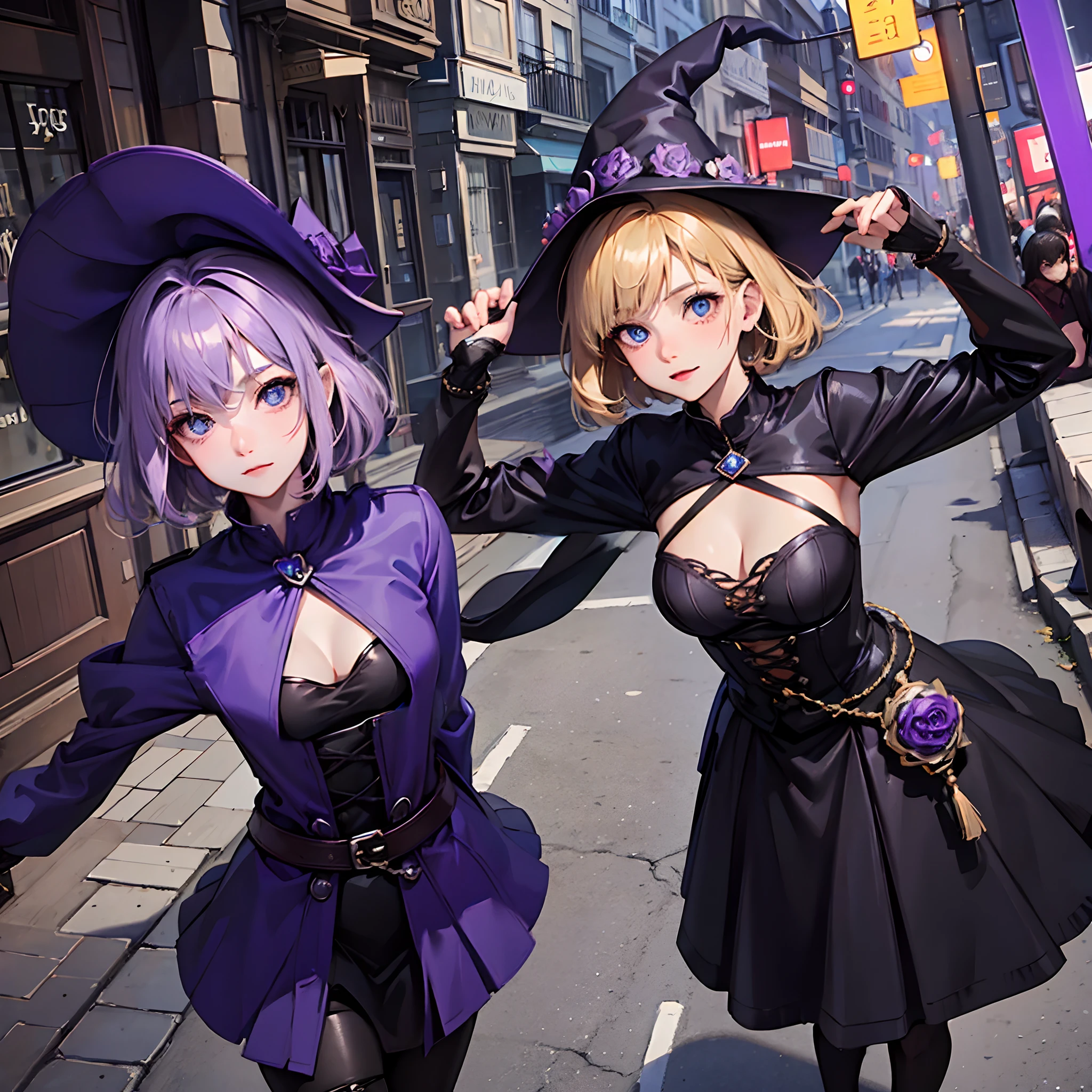 Up dynamic view, Short girl, short blond hair, gothic purple witch cosplay, beautiful detailed blue eyes, skinny, low smile, into the street environment, little witch hat, cleavage, leaning forward, cute, focus on face