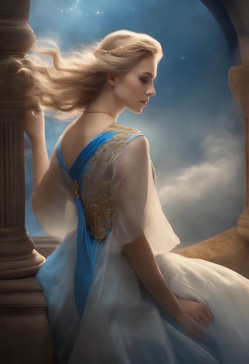 masterpiece、top-quality、Official art、Extreme details、Stellar lumen、cosmic space、Milky way、Mysteries of the universe、Silence、Cosmic Light、Goddess of eternity、Inherited Intents、Memory of antiquity、sapphire eyes、Long Blonde Hair、Tall and lean、resolute、noble、Wear a blue dress