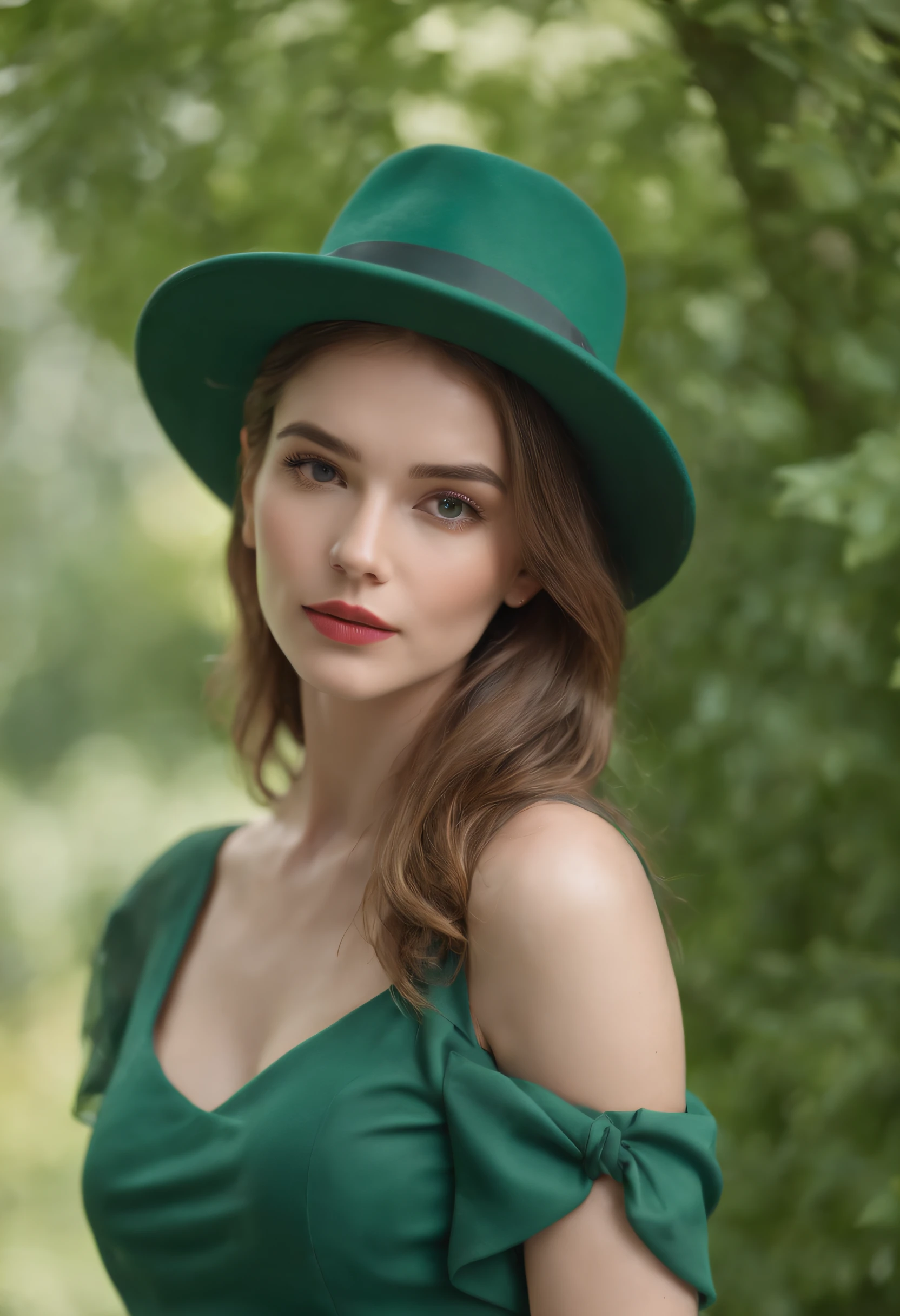 beautiful women model standing in model pose dress open from side, wearing hat, hyper details, 4k resolution, green area in background