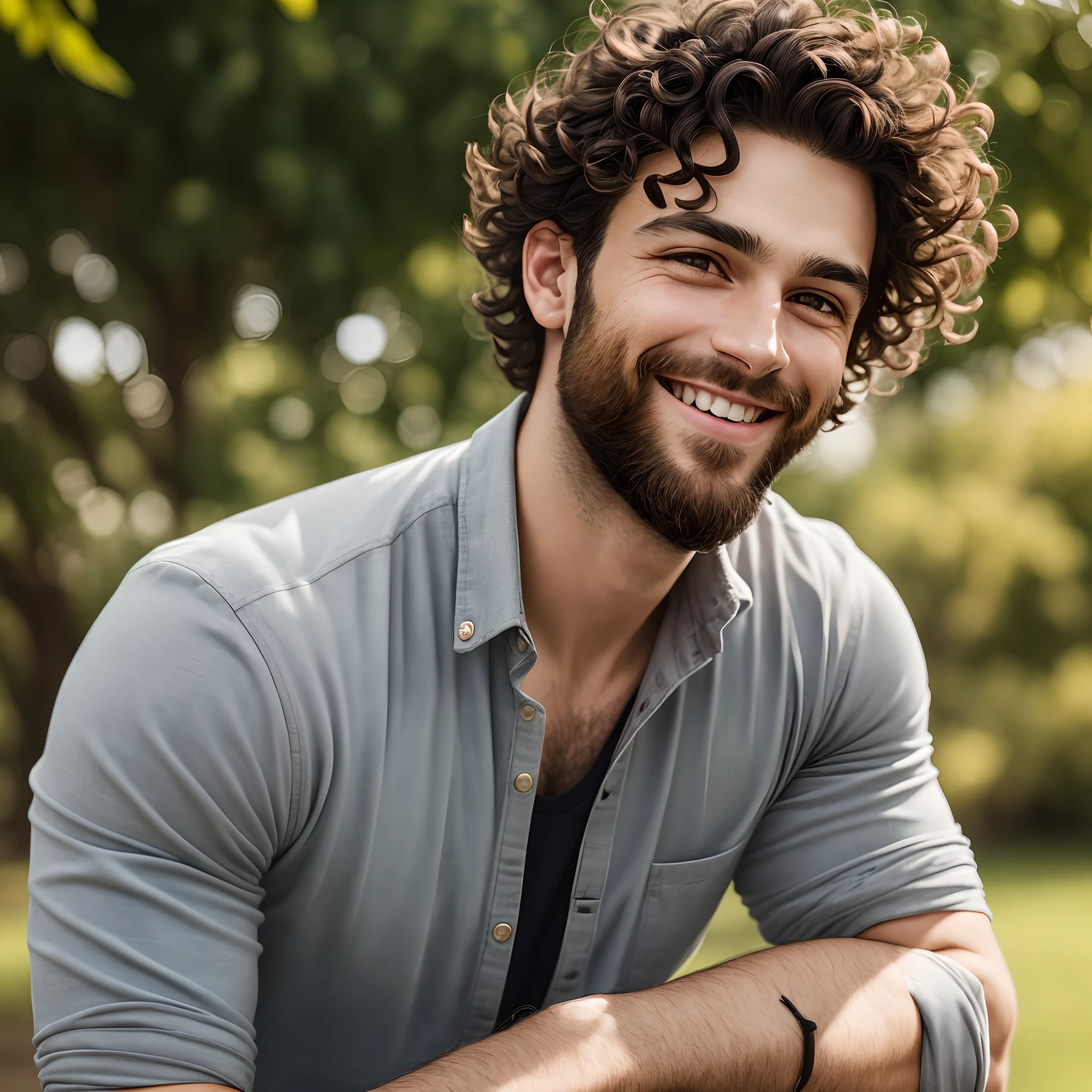 Spanish man in his thirties, tanned complexion, messy curly hair, unshaven, smiling