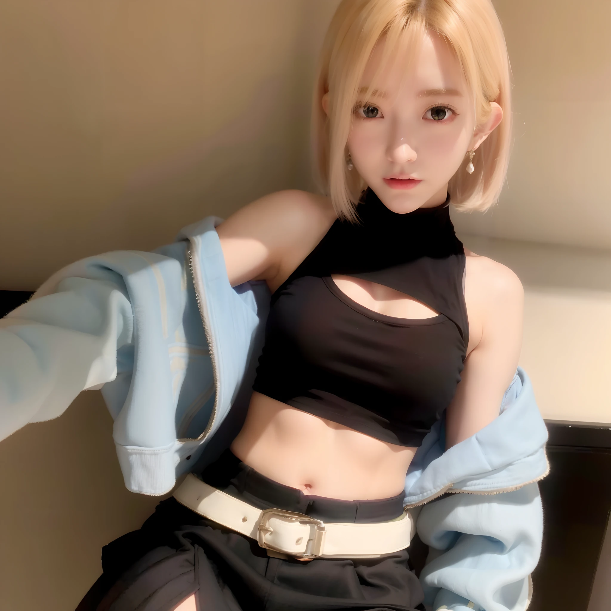 best quality, highres, and18, 1girl, android 18, solo, blonde hair, blue eyes, short hair, earrings, jewelry, denim vest, open vest, black pantyhose, black shirt, denim skirt, striped long sleeves, blue skirt, medium breasts, cowboy shot, street,  (Externally expanded Chest:1.2), (Strapless:1.2), off-the-shoulder, bent over, forest