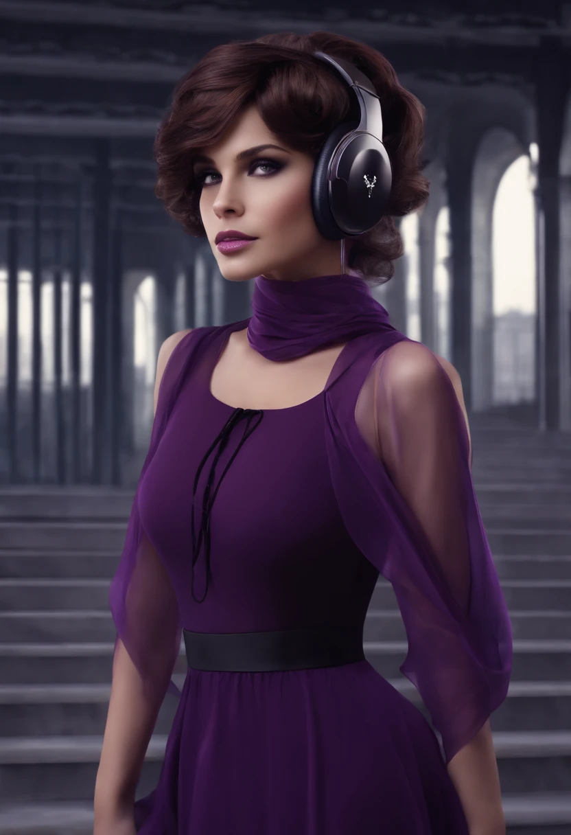 short brown hair and Brown eyes and purple headphones short purple dress and purple kneeboots and black scarf and black tights and purple jewele