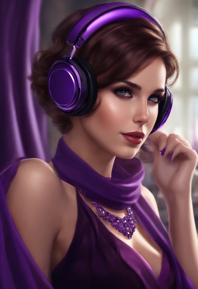 short brown hair and Brown eyes and purple headphones short purple dress and purple kneeboots and black scarf and black tights and purple jewele