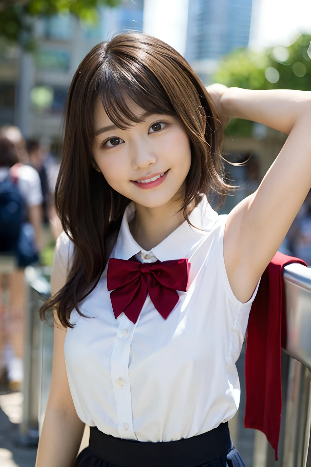 Highest quality,Ultra-high resolution,Beautiful Japanese high school girl,high school student,Uniform with collar,ribbon,cute,double eyelid,Big Eyes,Brown Hair,looking at the camera,{{petite slender body}},smile,teeth,See-through ,Ruck sack,Bicycle commute,Pussy exposure,Nipples